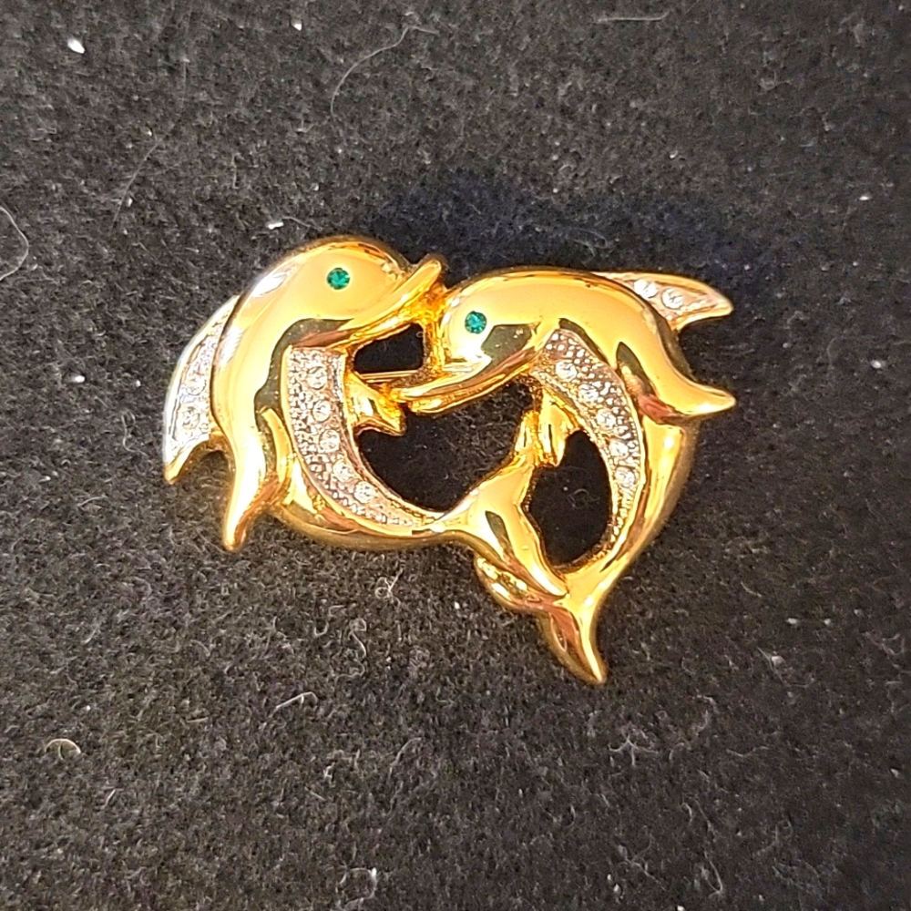 Goldtone & Rhinestone Dolphin Pin
